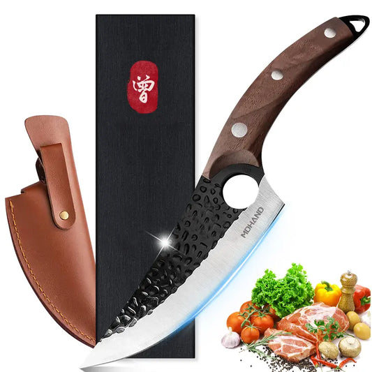 Forged Chef Knife Kitchen Butcher Boning Cleaver Knife, Full Tang Japanese Kitchen Boning Butcher Knife Stainless Steel Handmade Blade Forged Chef Knife, Viking Knife, with Leather Sheath, Best Gift for BBQ Knives Meat, Portable, Wood Handle