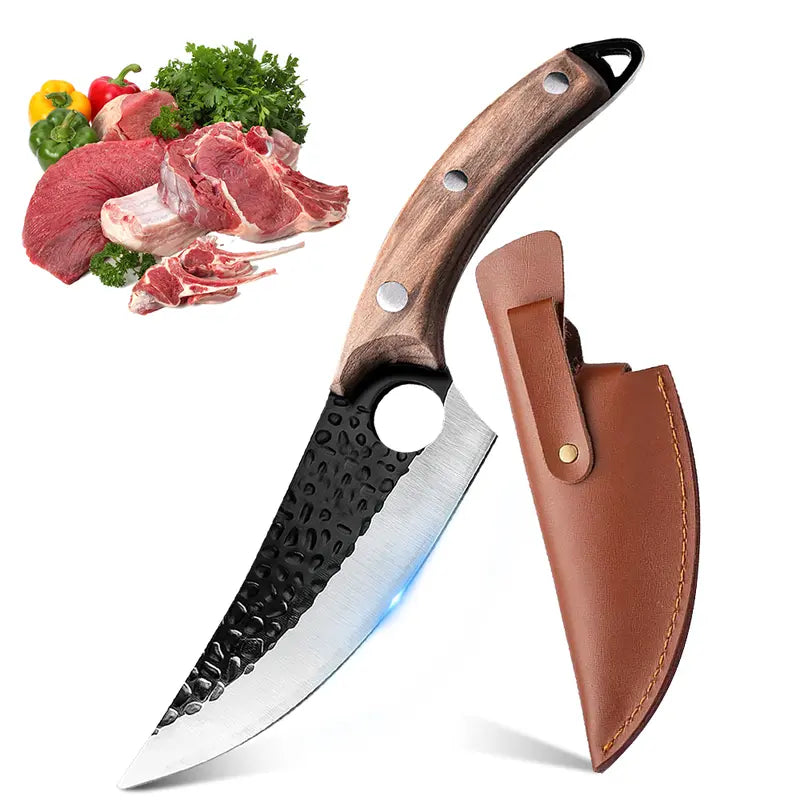 Forged Chef Knife Kitchen Butcher Boning Cleaver Knife, Full Tang Japanese Kitchen Boning Butcher Knife Stainless Steel Handmade Blade Forged Chef Knife, Viking Knife, with Leather Sheath, Best Gift for BBQ Knives Meat, Portable, Wood Handle