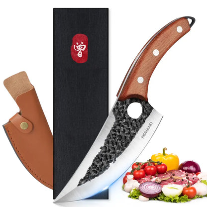 Forged Chef Knife Kitchen Butcher Boning Cleaver Knife, Full Tang Japanese Kitchen Boning Butcher Knife Stainless Steel Handmade Blade Forged Chef Knife, Viking Knife, with Leather Sheath, Best Gift for BBQ Knives Meat, Portable, Wood Handle