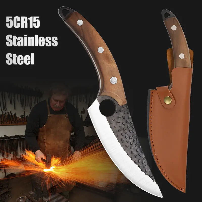 Forged Chef Knife Kitchen Butcher Boning Cleaver Knife, Full Tang Japanese Kitchen Boning Butcher Knife Stainless Steel Handmade Blade Forged Chef Knife, Viking Knife, with Leather Sheath, Best Gift for BBQ Knives Meat, Portable, Wood Handle