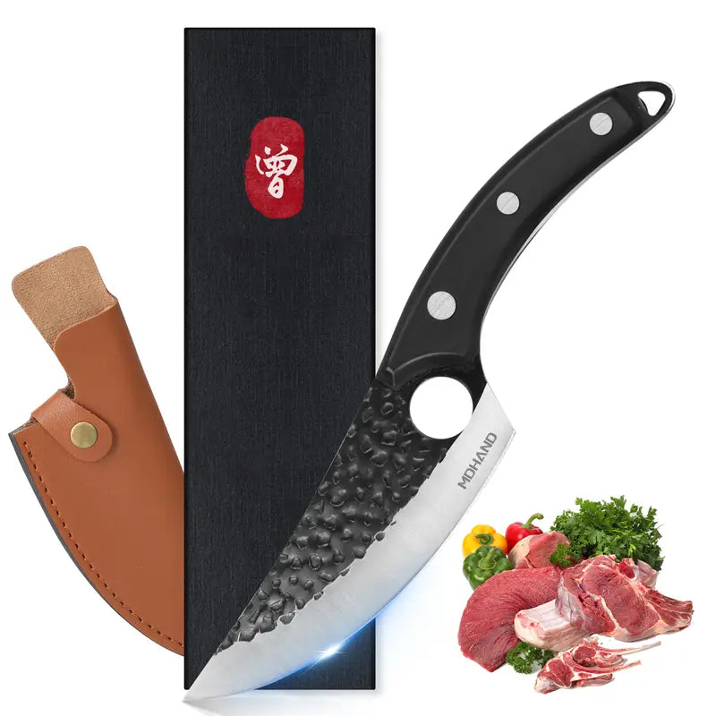 Forged Chef Knife Kitchen Butcher Boning Cleaver Knife, Full Tang Japanese Kitchen Boning Butcher Knife Stainless Steel Handmade Blade Forged Chef Knife, Viking Knife, with Leather Sheath, Best Gift for BBQ Knives Meat, Portable, Wood Handle