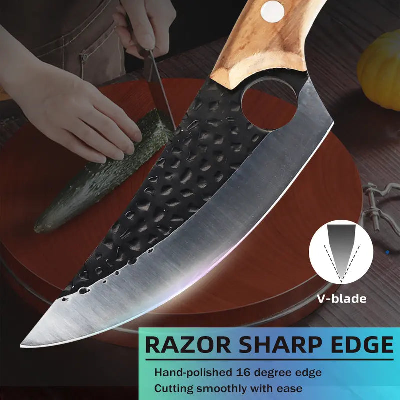 Forged Chef Knife Kitchen Butcher Boning Cleaver Knife, Full Tang Japanese Kitchen Boning Butcher Knife Stainless Steel Handmade Blade Forged Chef Knife, Viking Knife, with Leather Sheath, Best Gift for BBQ Knives Meat, Portable, Wood Handle