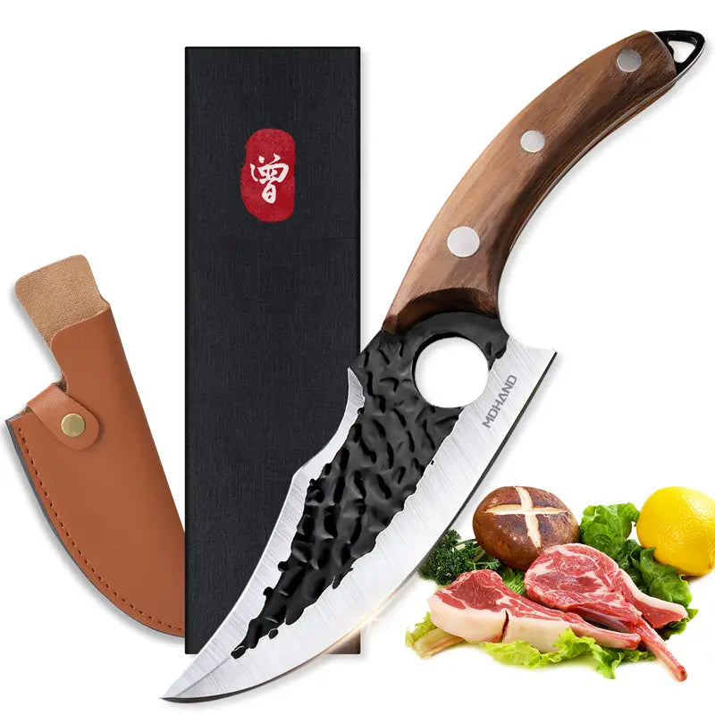 Forged Chef Knife Kitchen Butcher Boning Cleaver Knife, Full Tang Japanese Kitchen Boning Butcher Knife Stainless Steel Handmade Blade Forged Chef Knife, Viking Knife, with Leather Sheath, Best Gift for BBQ Knives Meat, Portable, Wood Handle