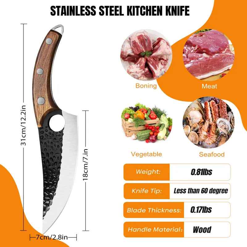 Forged Chef Knife Kitchen Butcher Boning Cleaver Knife, Full Tang Japanese Kitchen Boning Butcher Knife Stainless Steel Handmade Blade Forged Chef Knife, Viking Knife, with Leather Sheath, Best Gift for BBQ Knives Meat, Portable, Wood Handle