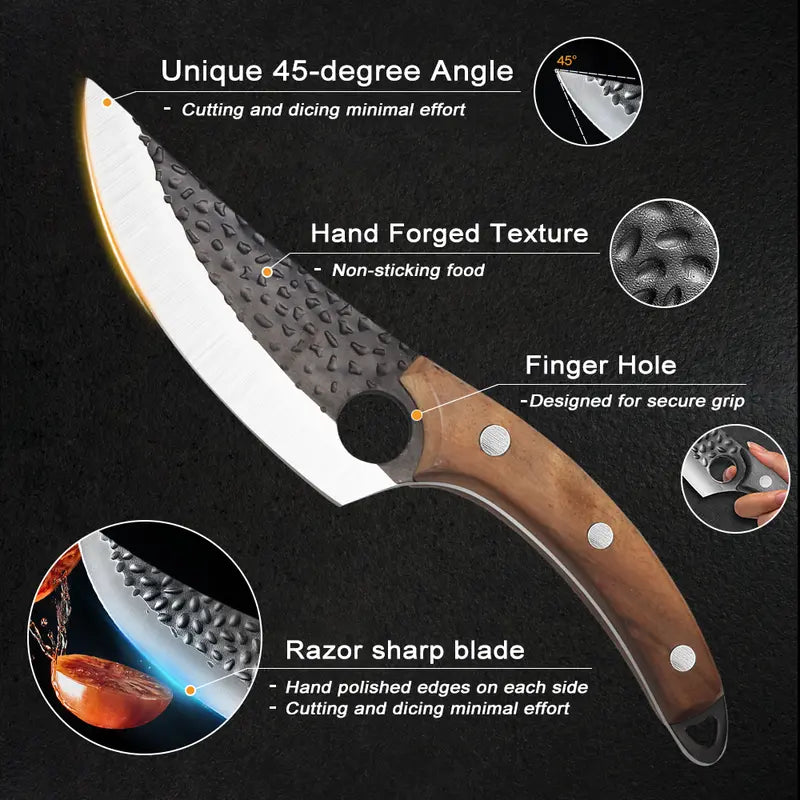 Forged Chef Knife Kitchen Butcher Boning Cleaver Knife, Full Tang Japanese Kitchen Boning Butcher Knife Stainless Steel Handmade Blade Forged Chef Knife, Viking Knife, with Leather Sheath, Best Gift for BBQ Knives Meat, Portable, Wood Handle