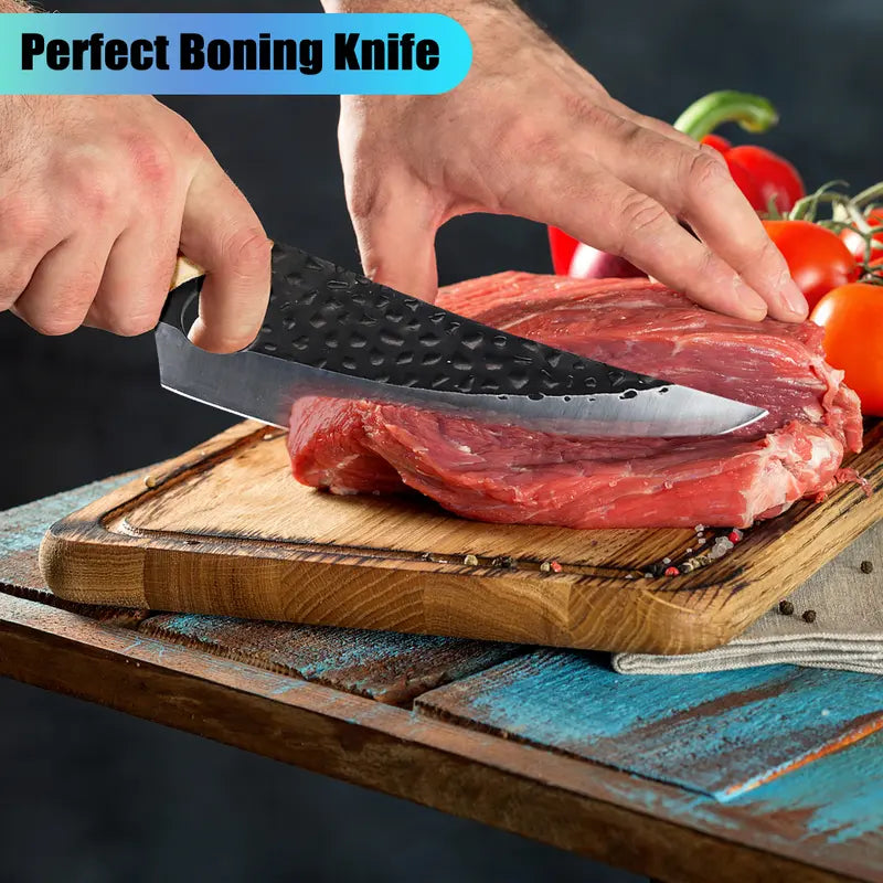 Forged Chef Knife Kitchen Butcher Boning Cleaver Knife, Full Tang Japanese Kitchen Boning Butcher Knife Stainless Steel Handmade Blade Forged Chef Knife, Viking Knife, with Leather Sheath, Best Gift for BBQ Knives Meat, Portable, Wood Handle